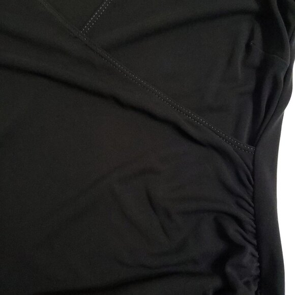 BCBGMaxAzria Black Faux Wrap Midi Dress M 3/4 Sleeve Tie Ruched Minimalist - Picture 6 of 12